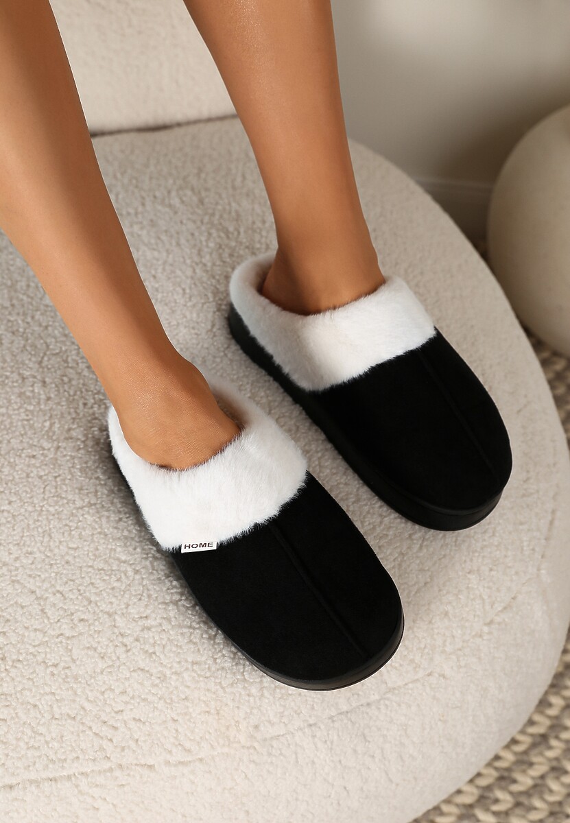 Czarne Kapcie na Płaskiej Podeszwie z Futerkiem Lerivena