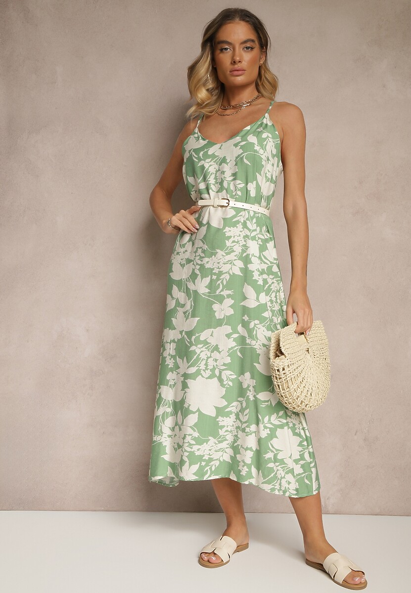 Zielono-Kremowa Sukienka z Wiskozą o Rozkloszowanym Kroju w Kwiaty Thirimi