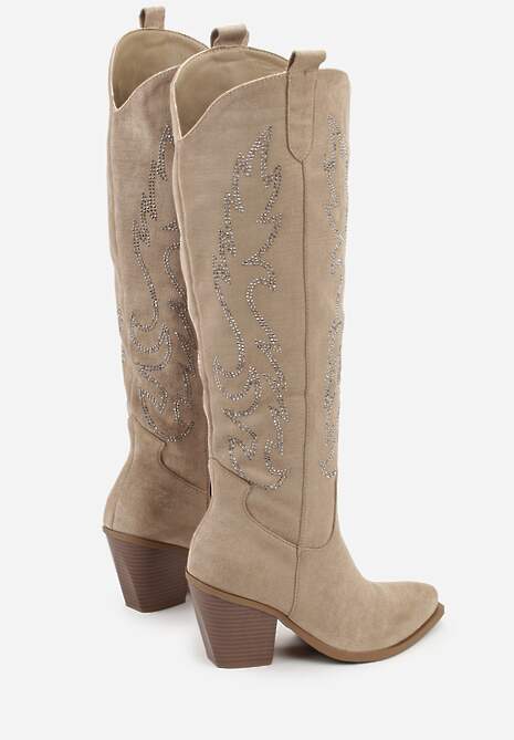 Ciemnobeżowe Kozaki Kowbojki na Stożkowym Obcasie Zdobione Cyrkoniami Nalera