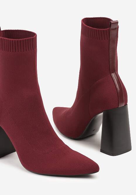 Bordowe Botki Vices na Geometrycznym Słupku ze Skarpetową Cholewką Falunelle