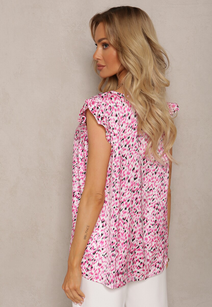 Fuksjowa Bluzka Top z Falbankami Przy Ramionach z Satyny Kaitliisa