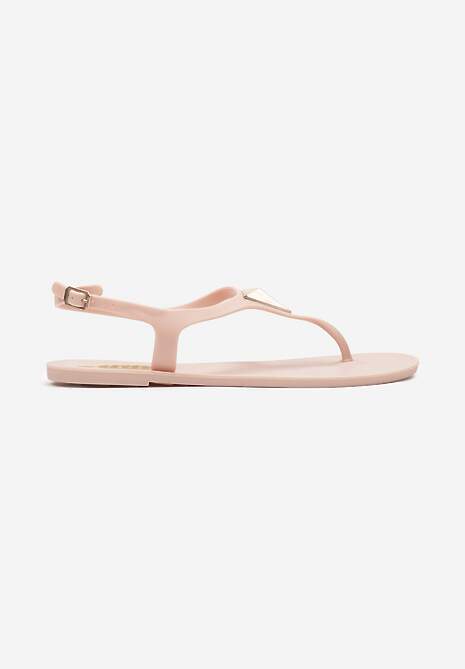 Ciemnobeżowe Płaskie Sandały w Stylu Japonek Zapinane na Sprzączkę z Aplikacją Abirena