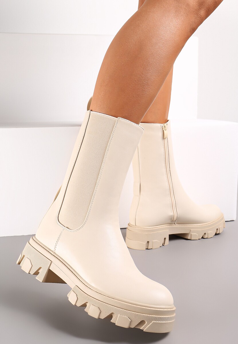 Beżowe Botki Sztyblety w Stylu Chunky z Łańcuchem Retrona