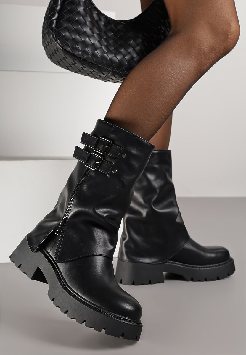 Czarne Botki Biker Boots VICES ze Sprzączkami i Cholewką Imitującą Nogawkę Anevita