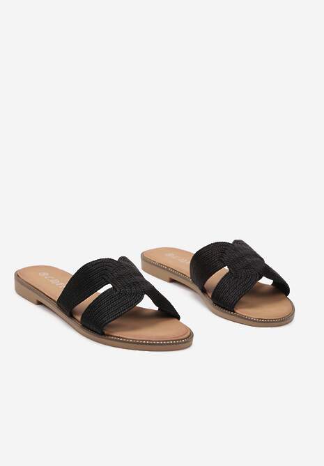 Czarne Klapki na Płaskiej Podeszwie z Plecioną Cholewką Undvikia