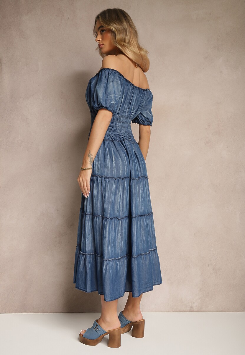 Niebieska Sukienka z Dekoltem Hiszpańskim i Szeroką Marszczoną Talią Sardexia