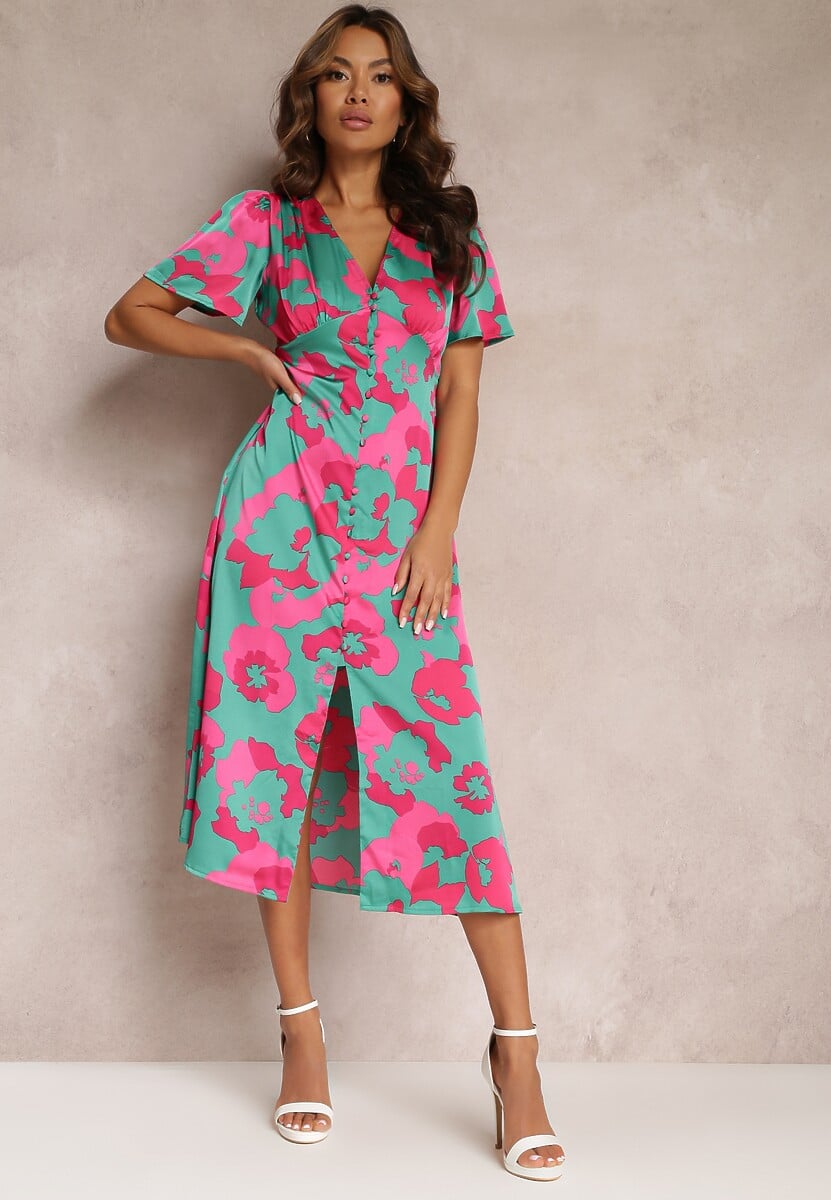 Zielona Rozkloszowana Sukienka na Guziki w Kwiaty Meliar