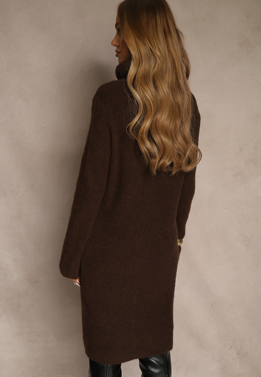 Brązowa Sweterkowa Sukienka Golf z Wełną i Wiskozą Fedorina