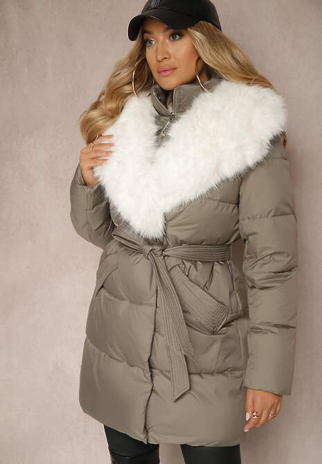 Szara Kurtka Ozdobiona Pikowaniem Odpinanym Kołnierzem z Futerkiem i Paskiem Edanora