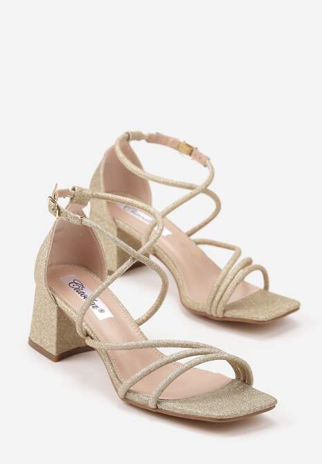 Złote Brokatowe Sandały na Słupkowym Obcasie Dollinea