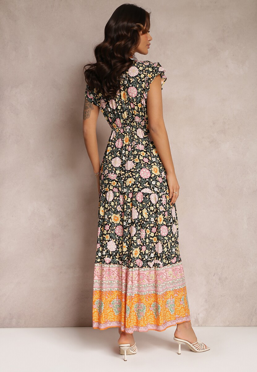 Czarno-Pomarańczowa Sukienka z Wiskozy z Gumką i Sznurkiem w Pasie Anash