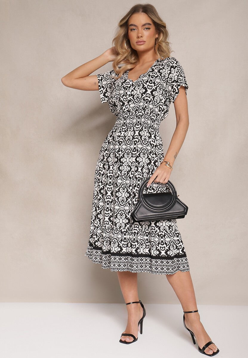 Biało-Czarna Rozkloszowana Sukienka z Bawełny w Print Paisley Lanarisa