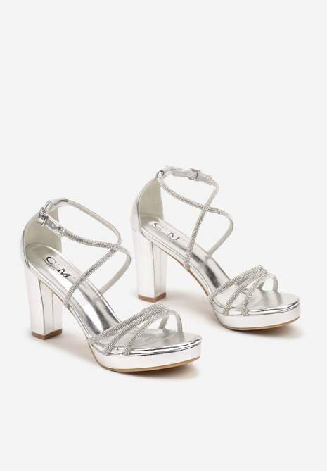 Srebrne Cyrkoniowe Sandały na Słupku z Ozdobnymi Paskami Beridara