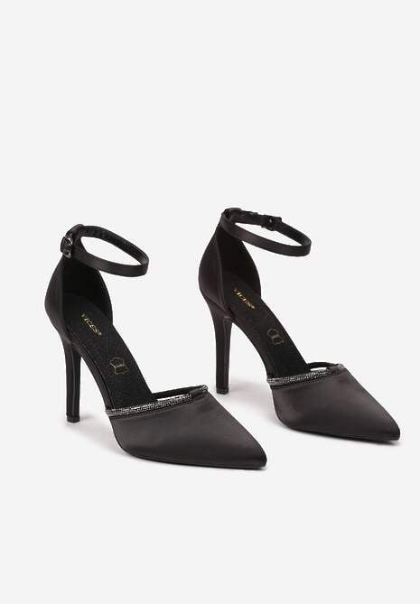 Czarne Satynowe Szpilki Vices z Wkładką ze Skóry Naturalnej i Ozdobnym Cyrkoniowym Paskiem Lizzeth