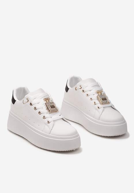 Biało-Czarne Sneakersy z Metaliczną Zawieszką na Sznurówkach Ozdobioną Cyrkoniami Edosa