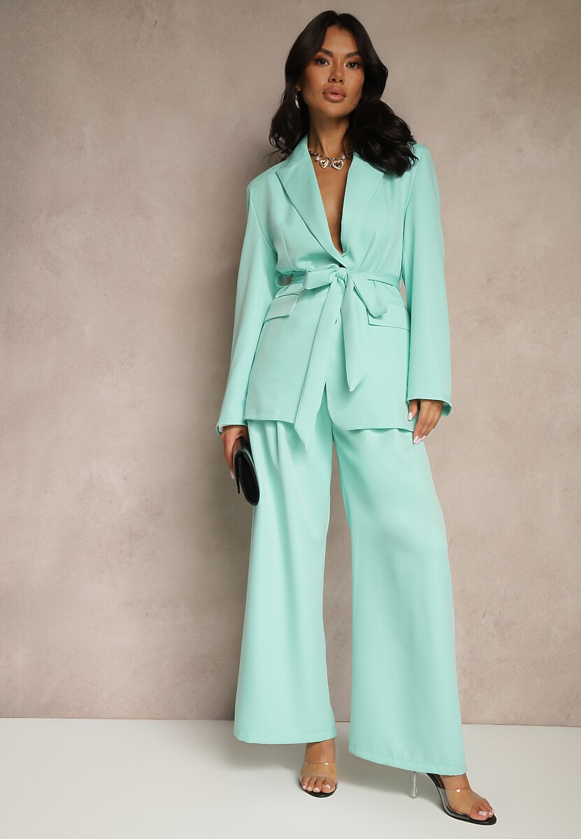 Jasnozielona Jednorzędowa Marynarka o Taliowanym Fasonie z Wiązanym Paskiem Daviritte