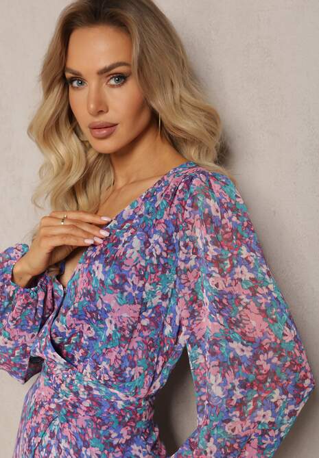 Niebiesko-Fioletowa Krótka Sukienka Kopertowa w Kwiatowy Wzór Ninora