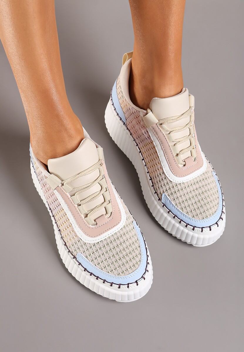 Beżowo-Niebieskie Sznurowane Sneakersy na Grubej Podeszwie do Kostki Pasapia