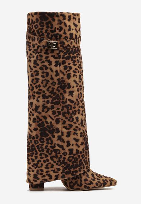 Brązowe Kozaki w Panterkę na Słupku z Wywiniętą Cholewką i Klamerką Upaxa