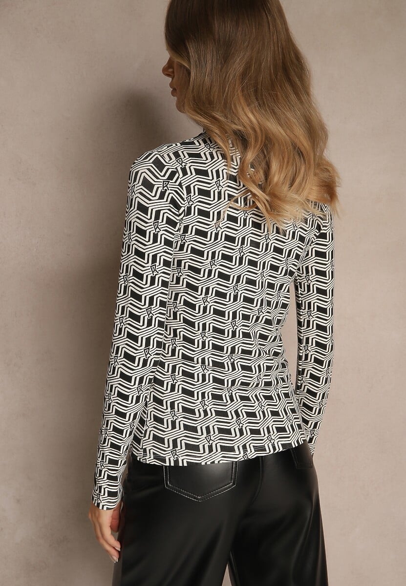 Biało-Czarna Bluzka Longsleeve z Golfem z Bawełny w Geometryczny Print Zadanevia