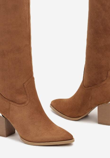 Brązowe Kozaki Vices na Słupku Ozdobione Metaliczną Wstawką Moriane