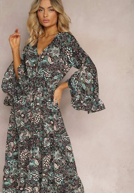 Czarno-Zielona Sukienka w Kwiatowy Print Rozkloszowana z Falbankami Airova