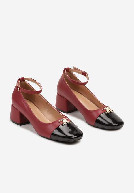 Bordowe Lakierowane Czółenka na Obcasie z Ozdobnym Noskiem i Paskiem Wokół Kostki Kolaria
