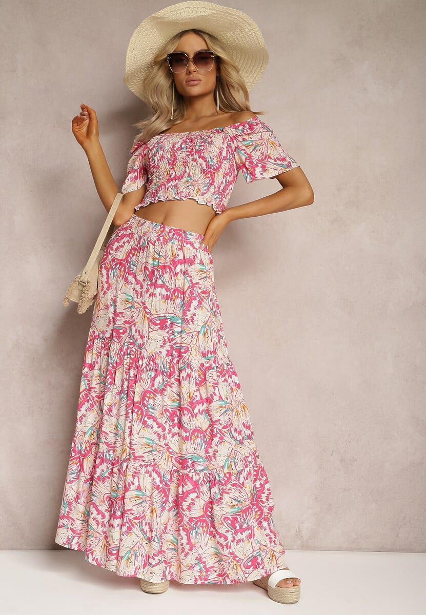 Fuksjowo-Beżowy Wiskozowy Komplet na Lato Bluzka Hiszpanka i Długa Spódnica Lawn