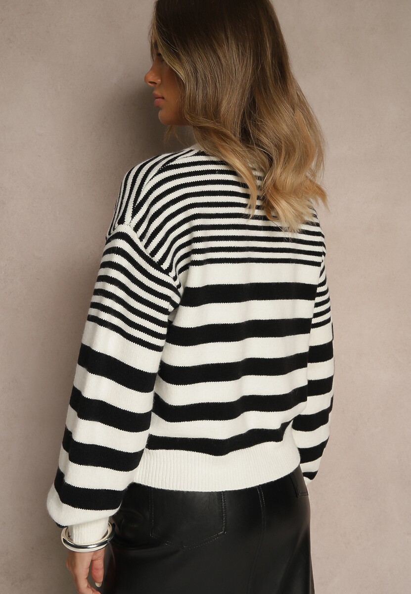 Biało-Czarny Klasyczny Sweter w Paski ze Ściągaczami Nirru
