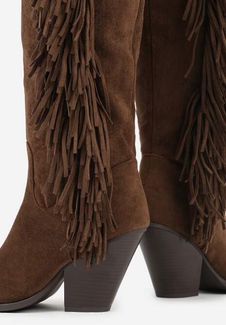 Brązowe Kozaki Kowbojki z Imitacji Zamszu z Frędzlami i Stożkowym Obcasem Rafilea