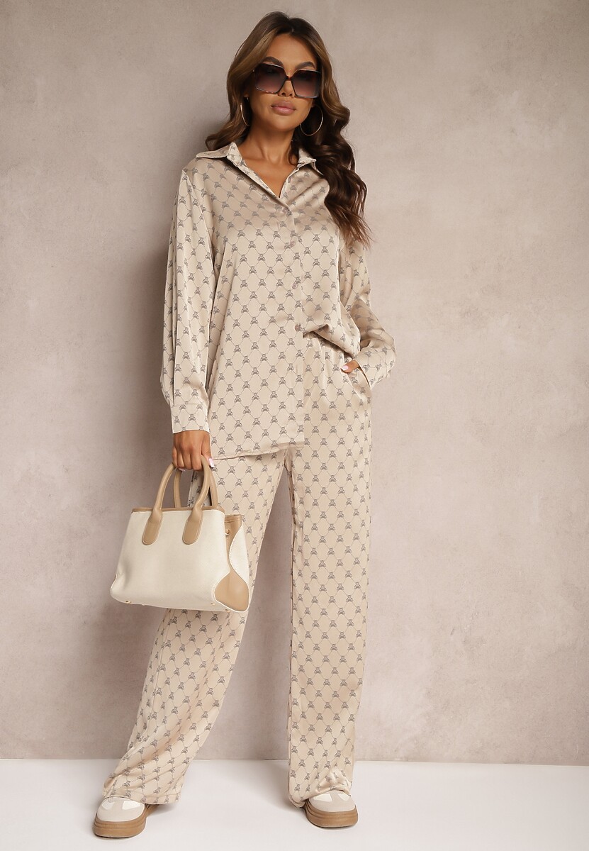 Beżowy Komplet Długie Spodnie i Klasyczna Koszula w Drobny Print Verinaes