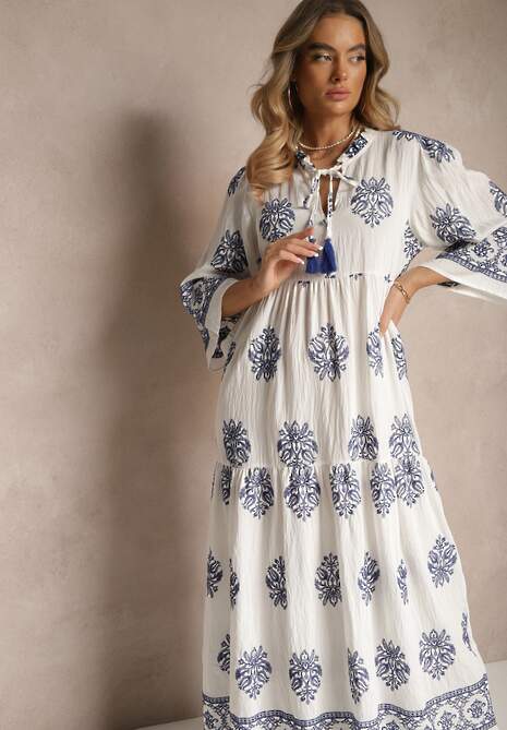 Biała Boho Sukienka z Wiskozą Zdobiona Haftem i Wiązaniem z Frędzlami Alinoria