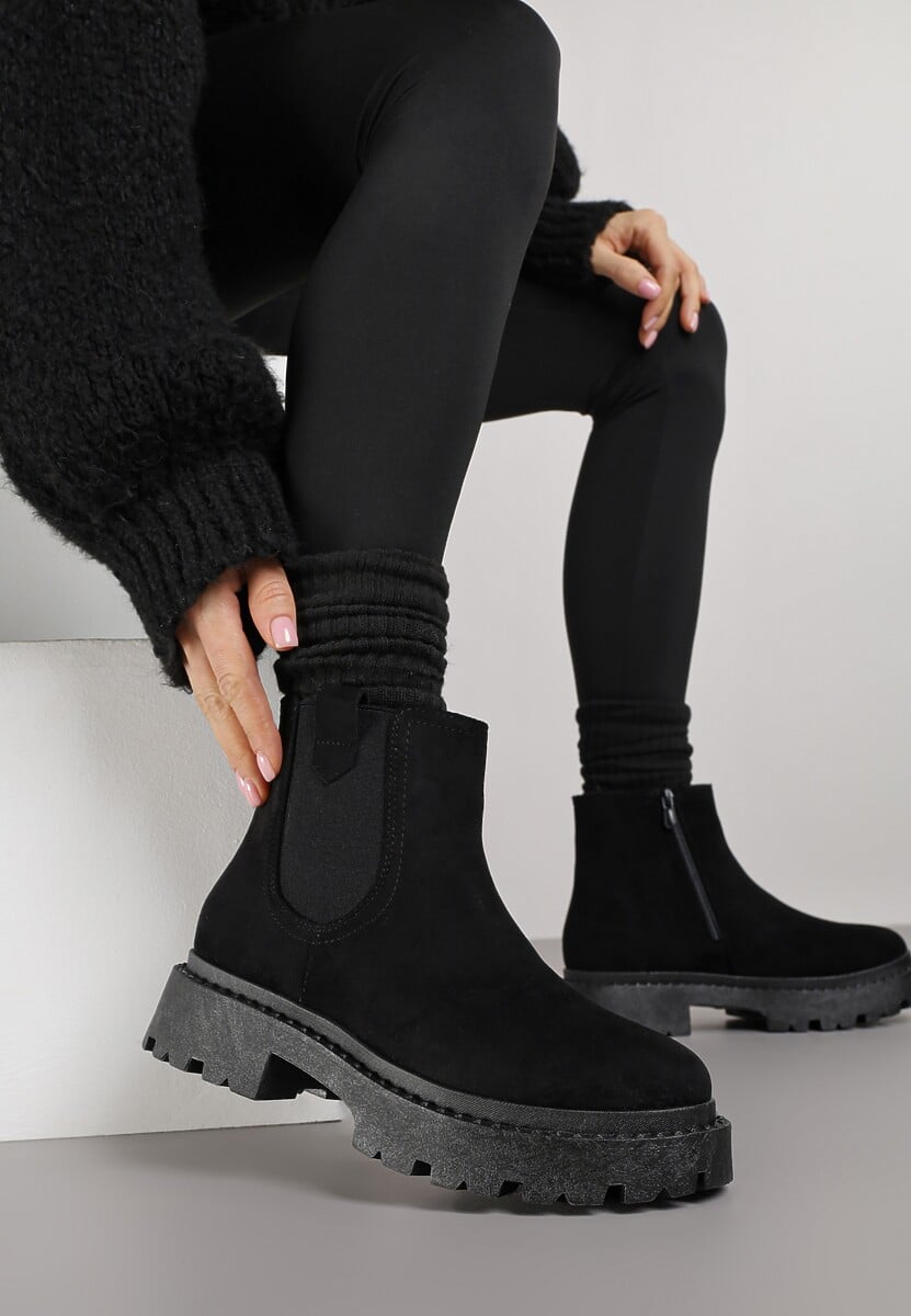Czarne Botki Sztyblety z Ekozamszu na Grubej Podeszwie Liraelia