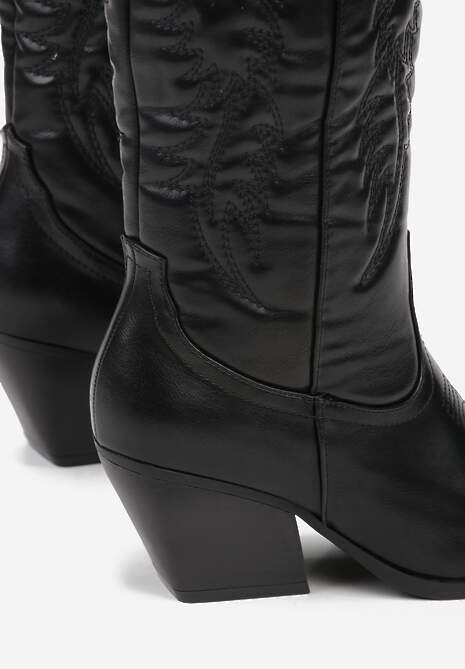 Czarne Kozaki Kowbojki na Stożkowym Obcasie Zdobione Przeszyciami Lumifera