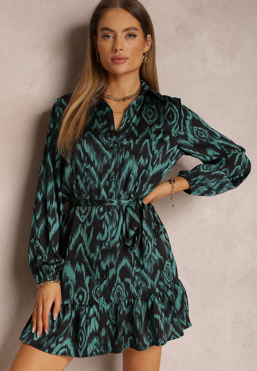 Zielona Sukienka Koszulowa z Wiązanym Paskiem i Falbankami Khristina