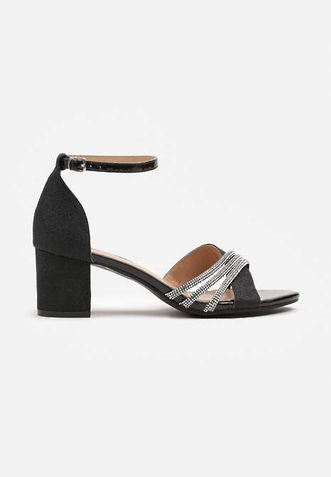 Czarne Cyrkoniowe Sandały na Obcasie Typu Słupek Gonilith