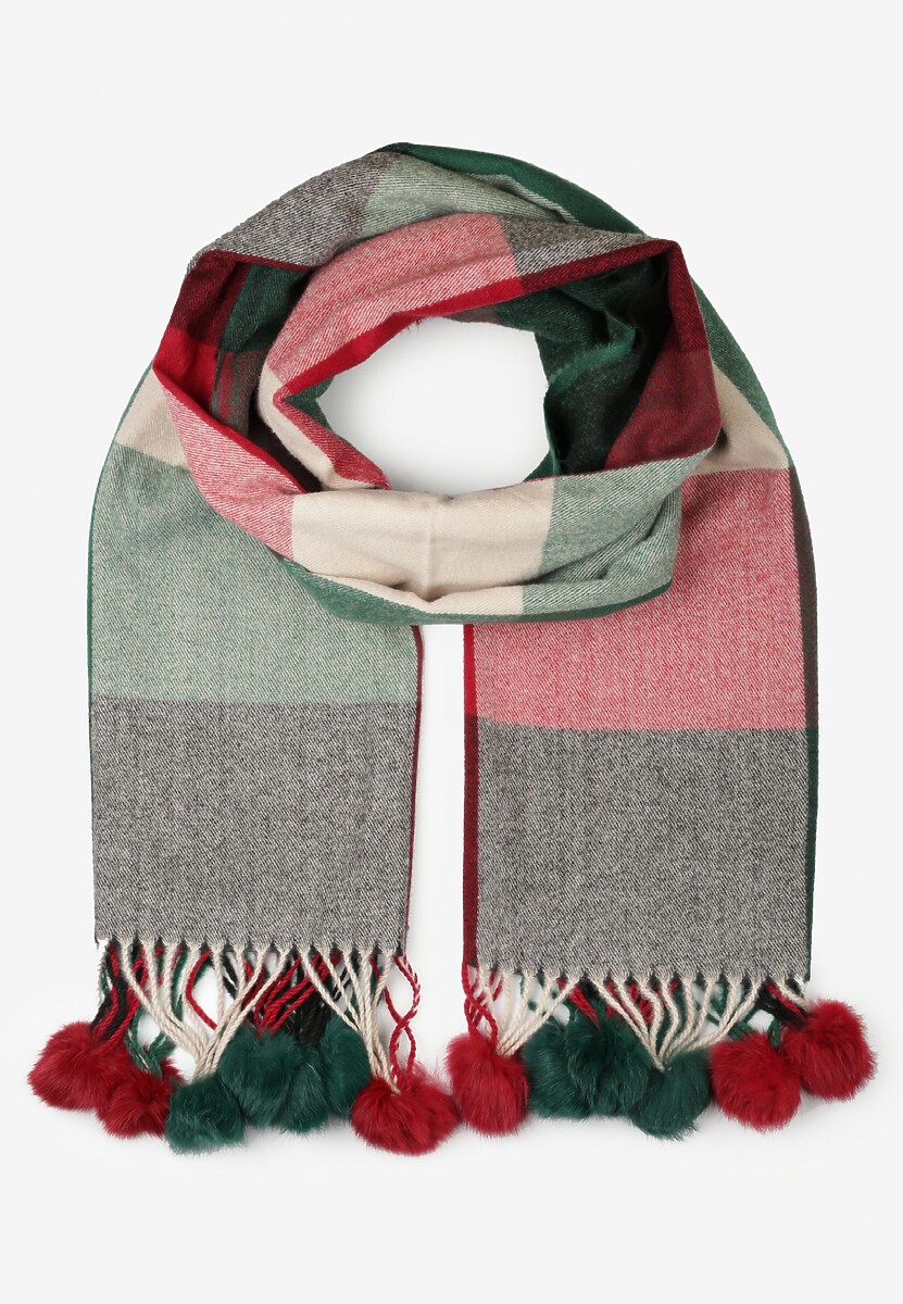 Brązowy Szalik w Szeroką Kratę z Pomponami Voso