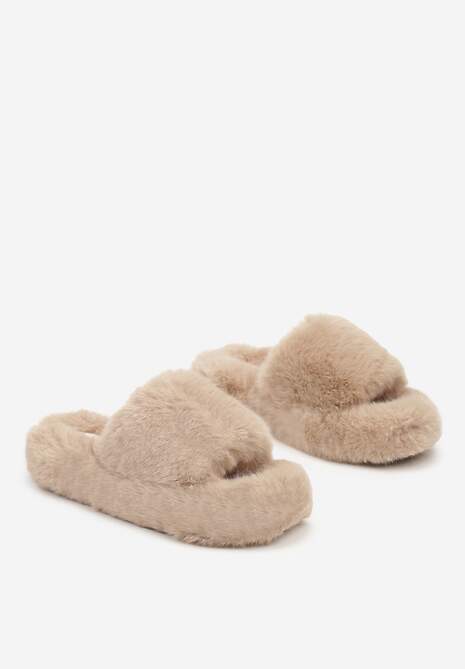 Ciemnobeżowe Płaskie Kapcie Ozdobione Futerkiem Narinae