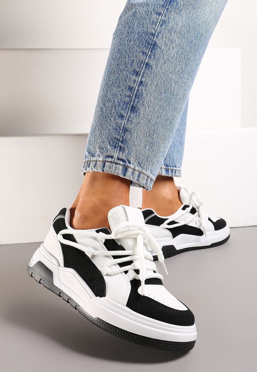Biało-Czarne Sneakersy z Szerokimi Ozdobnymi Sznurówkami Naale