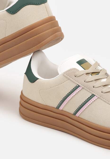 Beżowo-Zielone Klasyczne Sneakersy na Niewysokiej Platformie Terilee