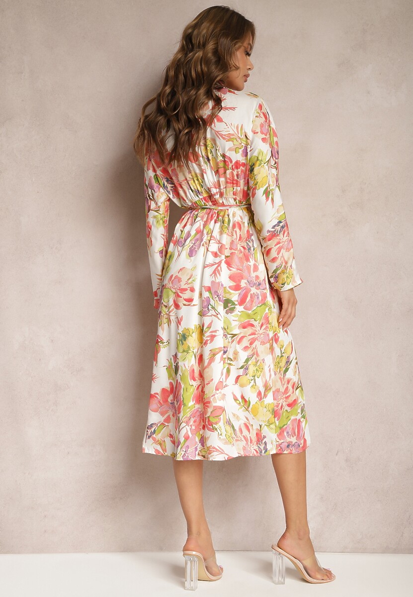 Biało-Różowa Kopertowa Sukienka z Kwiecistym Printem Aleratoa