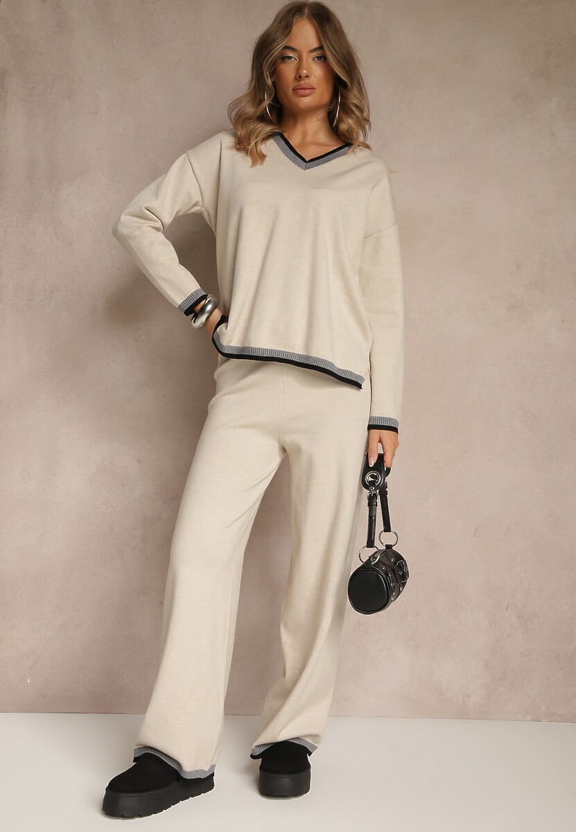 Jasnobeżowy Komplet Dzianinowy Sweter i Spodnie Wide Leg z Ozdobną Lamówką Ralenia