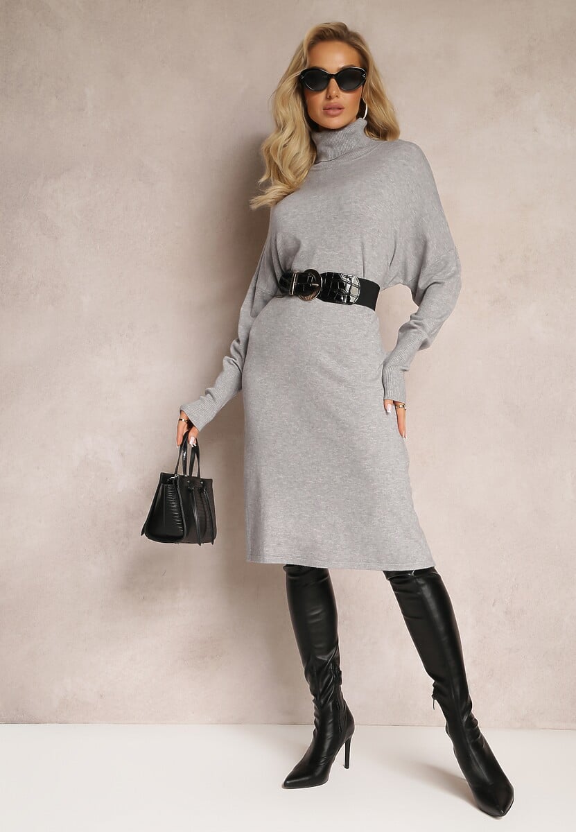 Szara Sukienka Sweterkowa o Pudełkowym Fasonie Horrene