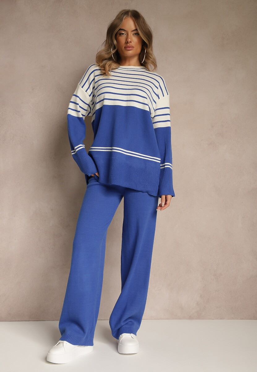 Niebieski Komplet z Dzianiny z Wełną Pasiasty Sweter i Spodnie Ralleia