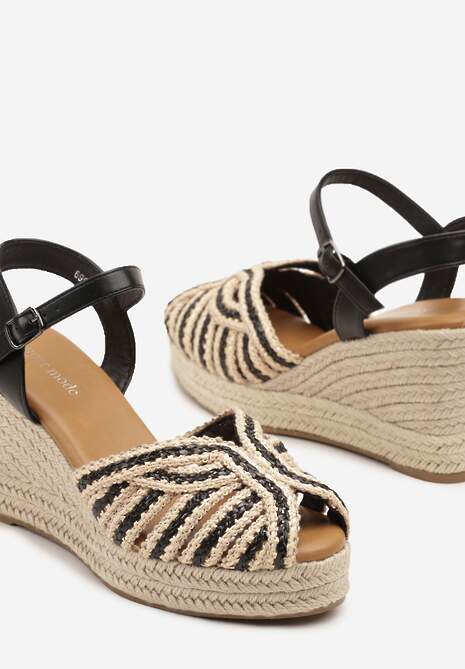 Czarne Sandały na Koturnie z Plecionką w Stylu Boho Lianoriela