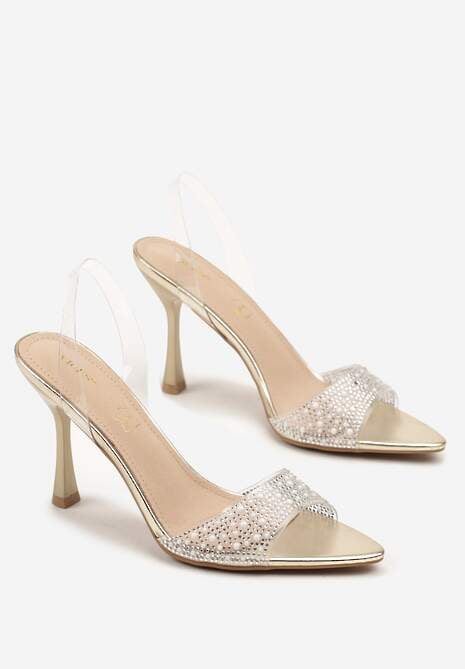 Złote Sandały Vices na Szpilce z Wkładką ze Skóry Naturalnej z Cyrkoniami Lumerelle