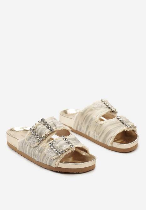 Beżowe Płaskie Klapki Ozdobione Cyrkoniami i Klamrami Tesabelle
