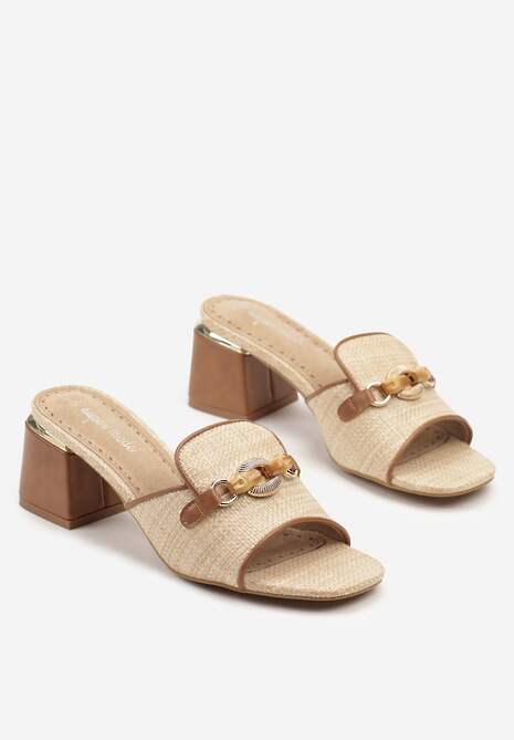 Beżowe Tweedowe Klapki na Słupkowym Obcasie z Wkładką ze Skóry Naturalnej Selkio