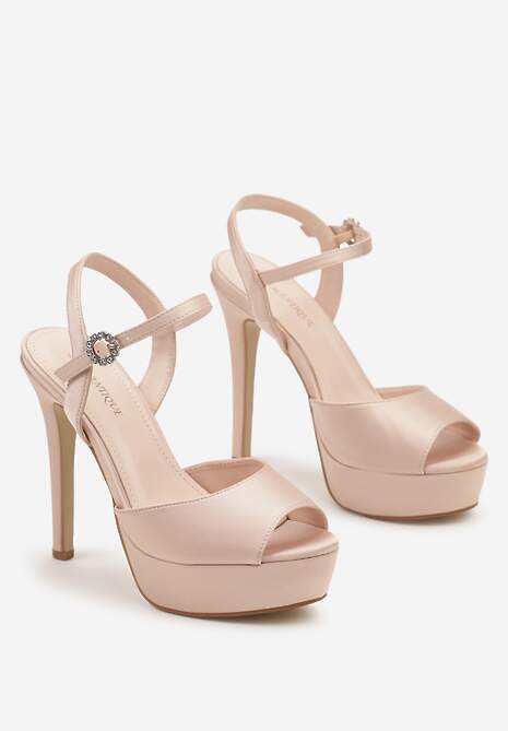 Beżowe Sandały na Platformie oraz Szpilce Wykończone Cyrkoniami Zapinane przy Kostce Hilagia