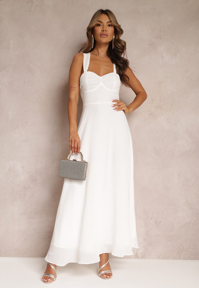 Biała Rozkloszowana Sukienka Koktajlowa Wiązana na Plecach Malori